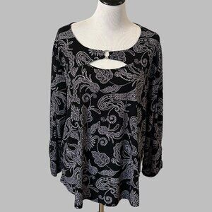 Adrienne Vittadini Blouse Plus Size 3X Black White Paisley Top Long Sleeve
